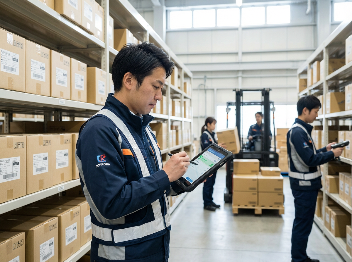 タブレットで在庫追跡する倉庫作業者