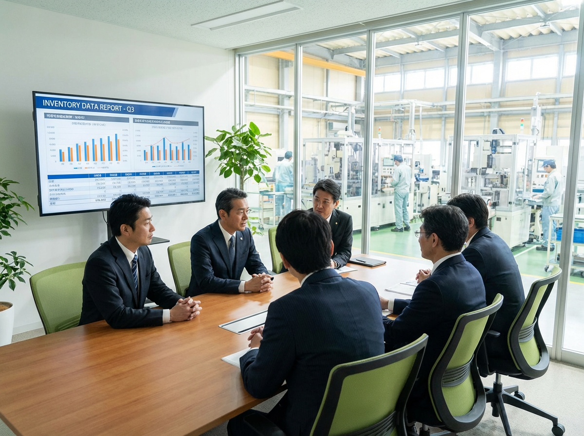 工場オフィスでの経営会議・在庫データ検討